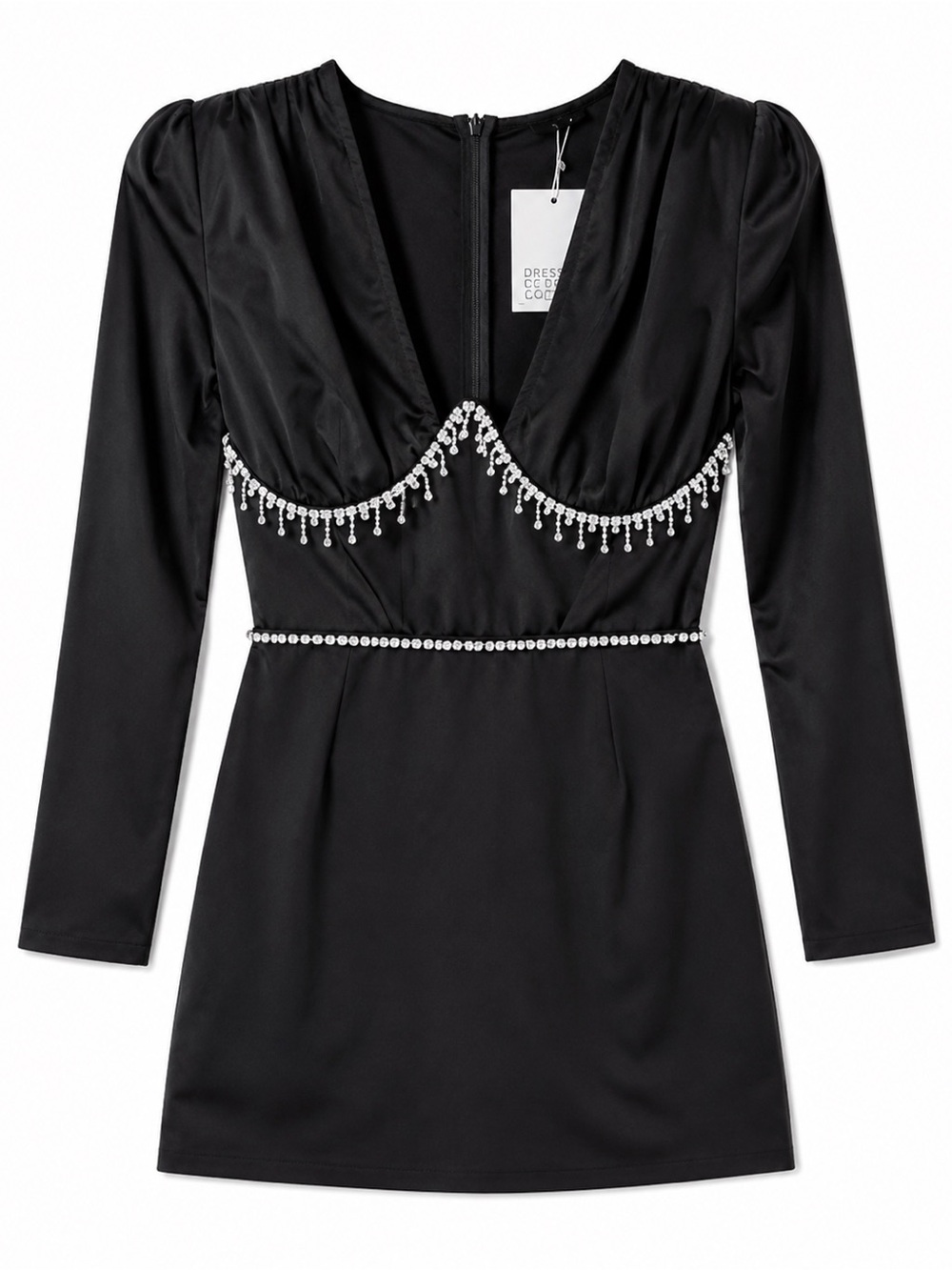 NWT DRESS DE CODE LONG SLEEVE RHINESTONE BLACK DRESS with center cut out